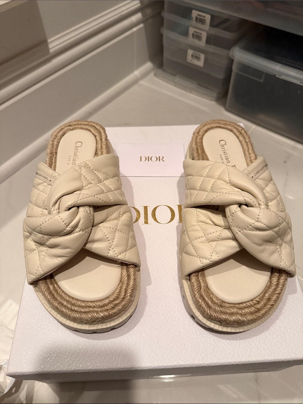 Dior Quilted Knot Slide Sandals in Ivory